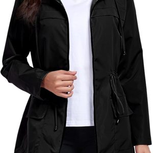 Women Waterproof Raincoat Lightweight Packable Active Outdoor Long Hooded Rain Jacket