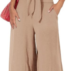 Women’s Summer 2 Piece Outfits 2024 Cap Sleeve V Neck Belted Crop Tops Wide Leg Pant Sets Casual Tracksuit