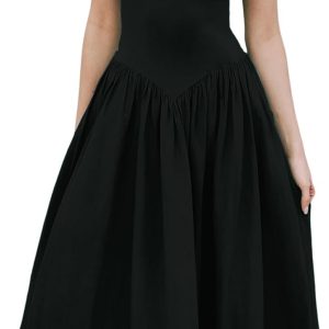 Women Off Shoulder Midi Dress Strapless Sleeveless Drop-Waist A Line Tube Dress Trendy Summer Swing Patchwork Dress