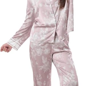 Women’s Silky Satin Pajamas Set Long sleeve and Pants Sleepwear Soft and Comfy Button Down Loungewear Relaxed Fit