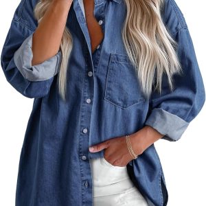 Astylish Women Denim Shirts Button Down Blouse Long Sleeve V Neck Casual Top