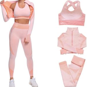 Women’s 3 PC Seamless Gym Clothing Workout Outfit with Jacket Bra & Leggings Set