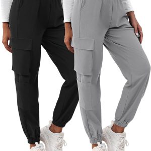 2 Pcs Women’s Cargo Pants High Waisted Hiking Joggers Pants with Pockets Elastic Waist Casual Travel Pants