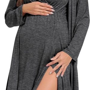 Womens Maternity Set Nursing Nightgown and Robe Set 3 in 1 Labor Delivery Nursing Gown Breastfeeding Robe Set