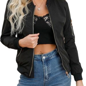 Women’s Bomber Jacket Lightweight Varsity Zip Up Coat Casual Long Sleeve Windbreaker