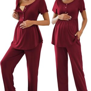 Women’s Maternity Nursing Pajama Set Breastfeeding Loungewear Mama Clothes Short Sleeve Top & Pants Pregnancy PJS