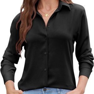 Womens Chiffon Blouses Button-Down Shirts Soft Tops Collared Casual Work Shirt XS-XXL