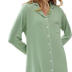 Womens Bamboo Viscose Sleep Shirt Long Sleeve Button Down Nightgowns Boyfriend Nightshirt S-XXL