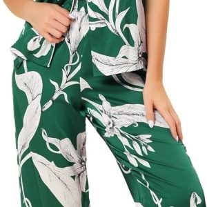 Womens Satin Floral Sleepwear Short Sleeves Button Down Tops with Pants Lounge Pajamas Sets