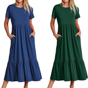 Womens Summer Dresses Casual Short Sleeve Crewneck Swing Dress Casual Tiered t Shirt Dress with Pockets 2024 Trendy Outfits