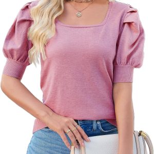 Puff Short Sleeve Sweater Tops 2024 Spring Summer Trendy Square Neck Casual Pullover Sweaters T Shirts Blouses