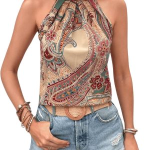 Women’s Tropical Paisley Print Halter Blouse Sleeveless Boho Shirt Tops Button Back Vacation Tops