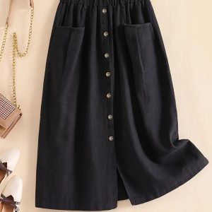 Button Front Pocket Design Skirt, Elegant Elastic Waist Split Hem Skirt For Spring & Fall, Women’s Clothing